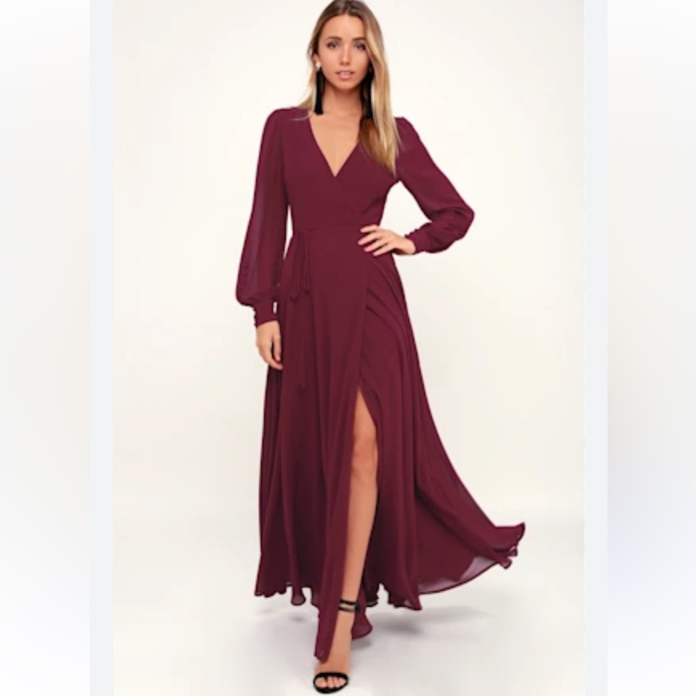 Lulus My Whole Heart Burgundy Long Sleeve Wrap Dress